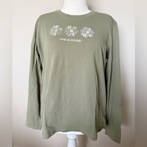 Life is Good Long Sleeve Crusher Tee in Olive Green with Daisy Print XL